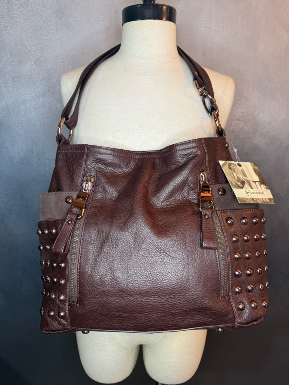 B. Makowsky Brown Leather Studded Shoulder Bag – NWT + Dust Bag